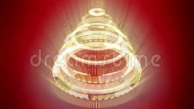 造型奇特的圣诞树，红色背景由黄色机械螺旋轮组成..